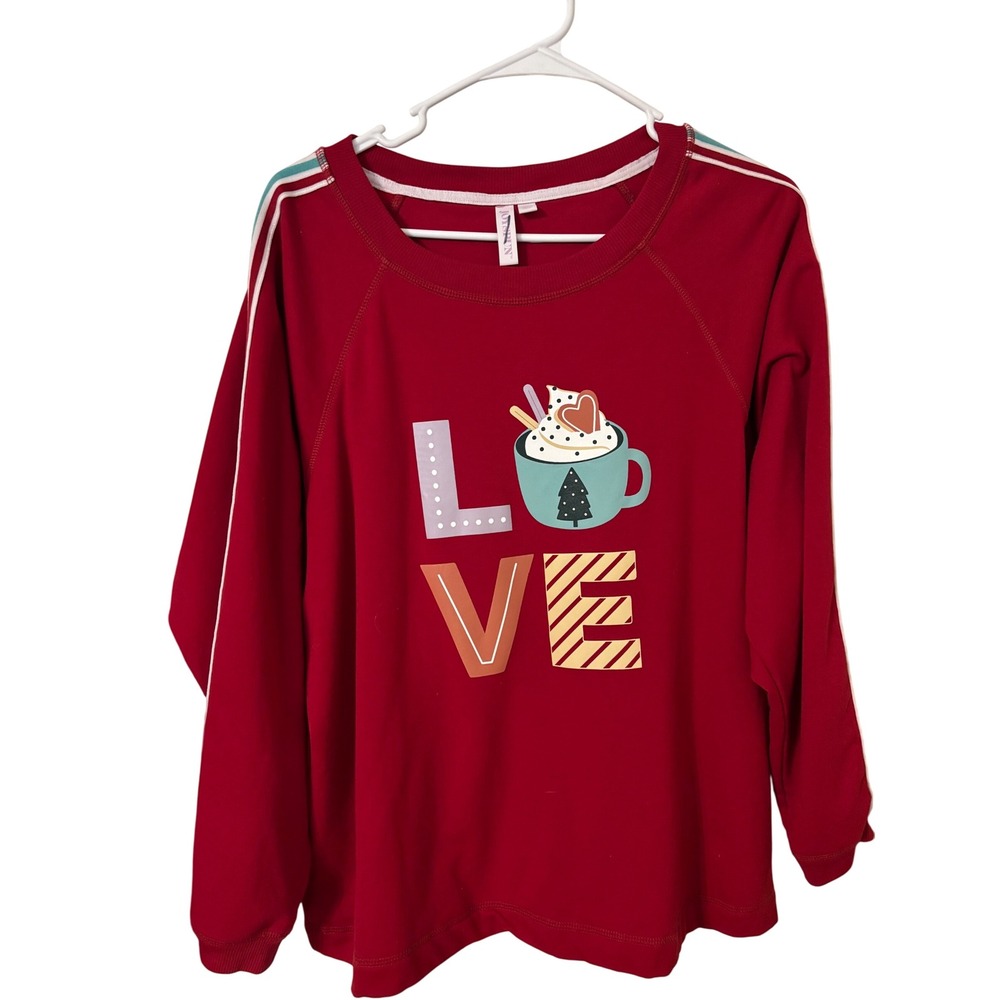 Joyspun Womens L Christmas Love Hot Cocoa Red Striped Sleeve Pullover Note